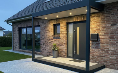 Modernes Glasvordach &uuml;ber der Eingangst&uuml;r